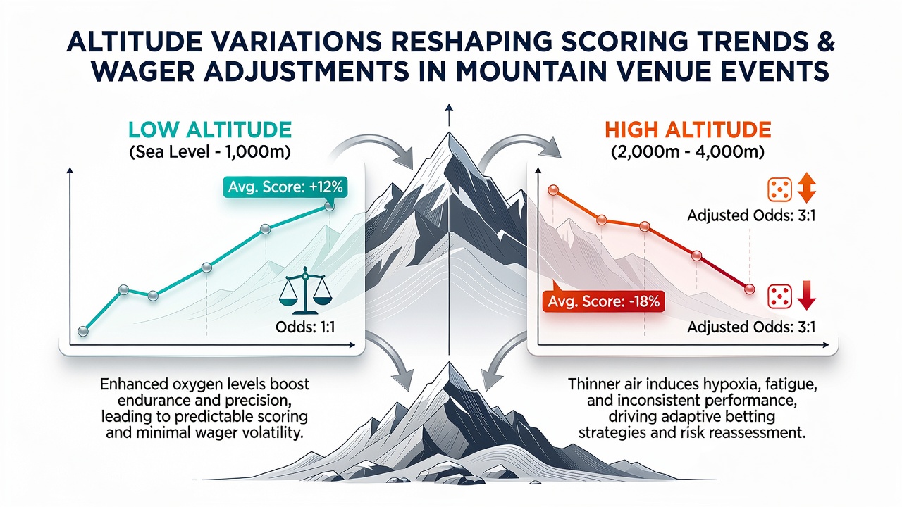 Sports analysts reviewing scoring data and adjusting wager lines for mountain venue events