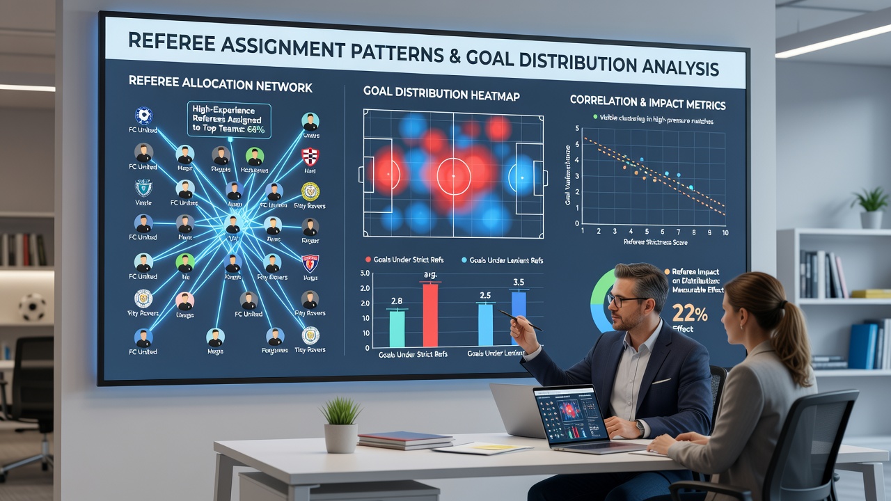 Data charts displaying goal distributions and referee statistics in football matches