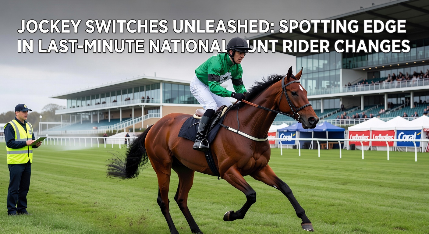 Close-up of a National Hunt jockey mid-race, navigating a fence with precision after a recent rider substitution