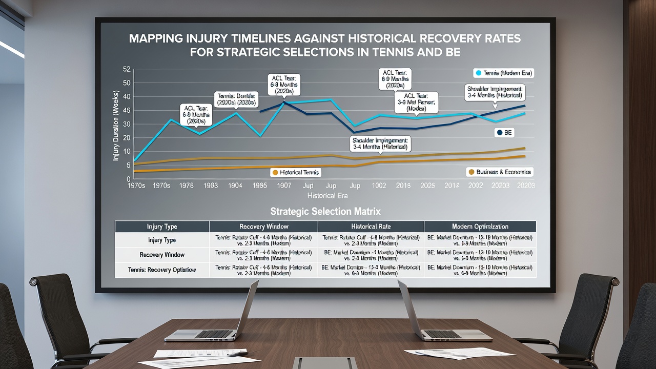 Comparative charts showing recovery rates for injuries in tennis, basketball, and soccer based on multi-year sports medicine data
