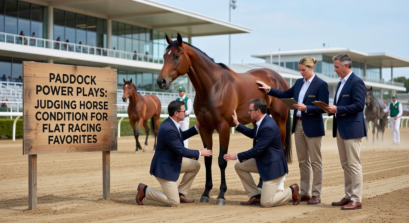 Close-up of a horse's muscular hindquarters and alert eyes during paddock examination, highlighting sweat-free skin and toned physique