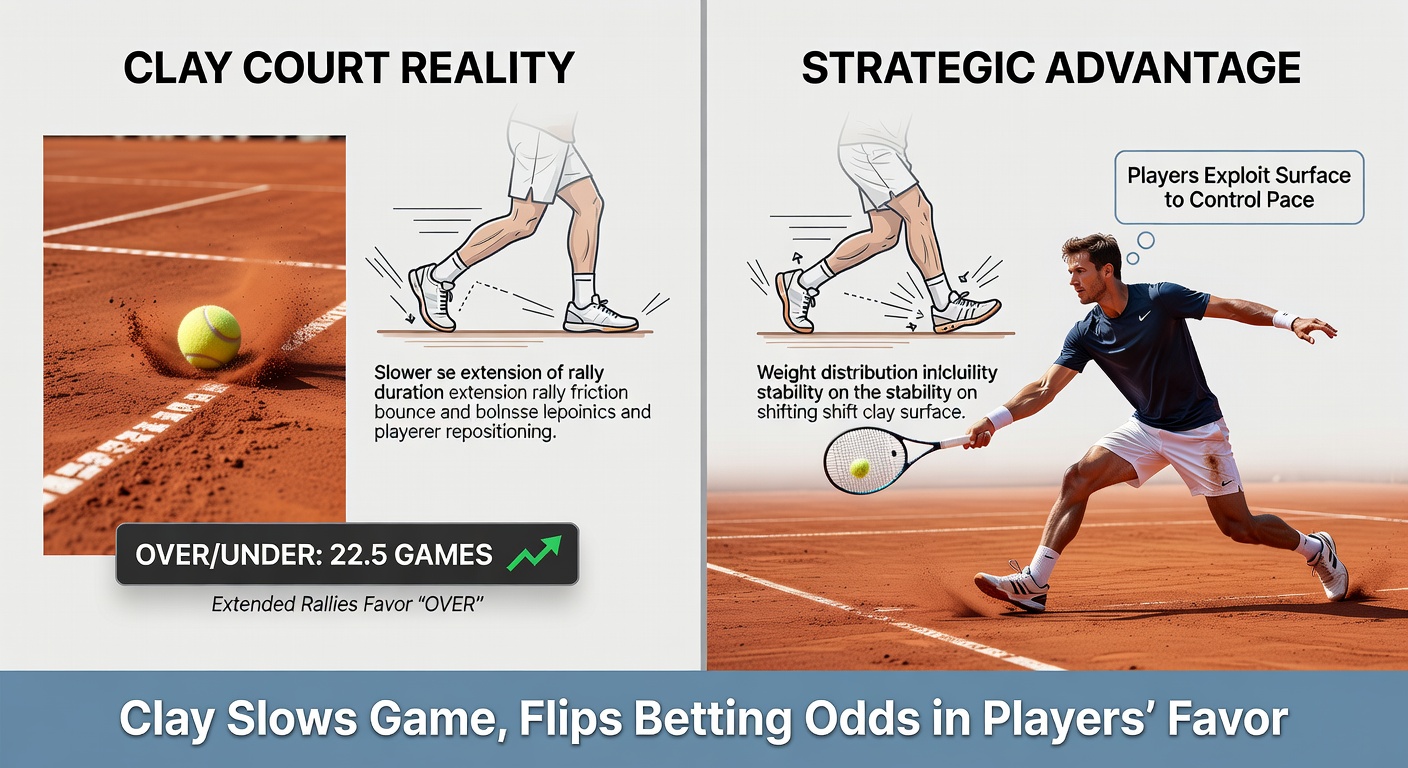 Close-up of tennis balls rolling on clay surface after a long rally, with player footprints visible and baseline wear showing extended play