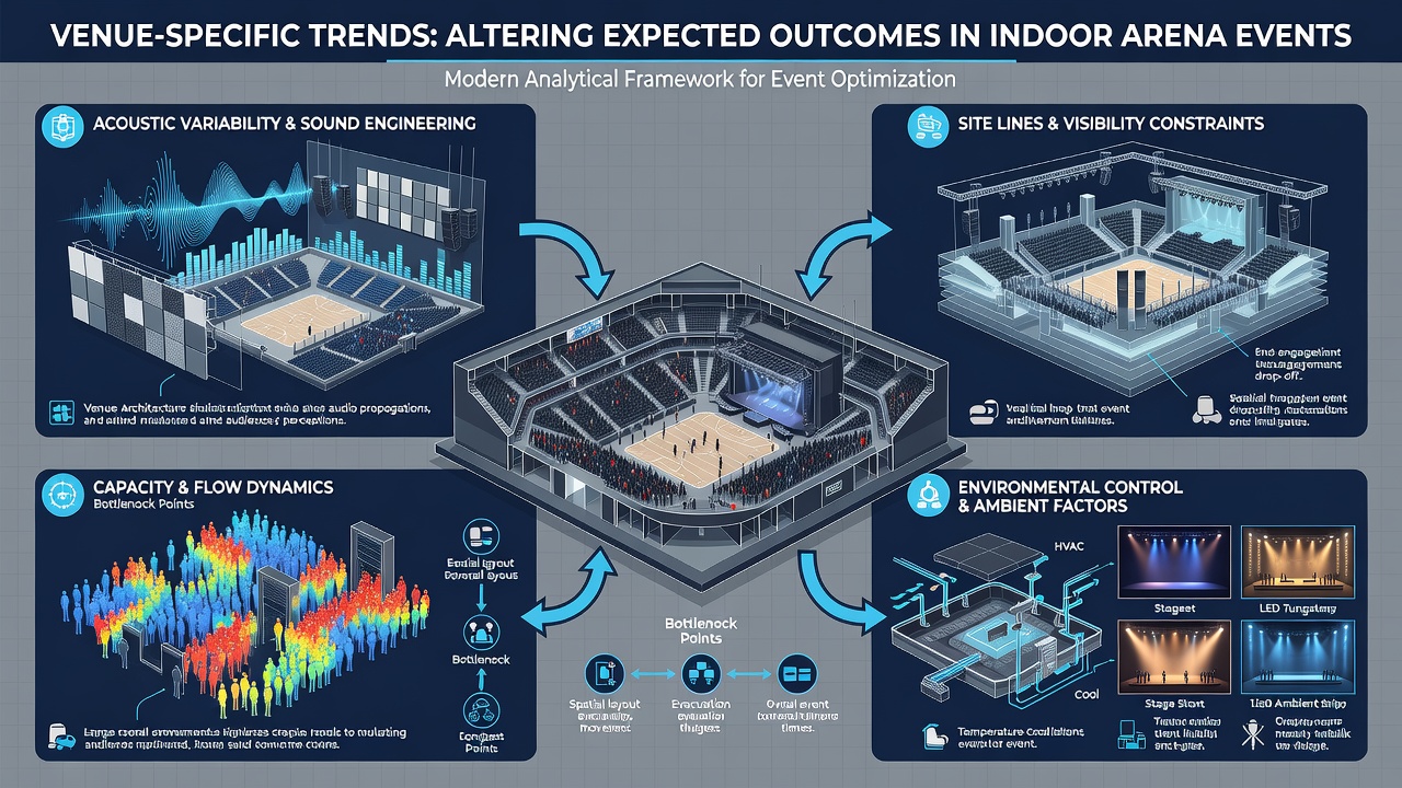 Close-up view of arena seating tiers and overhead lighting rig during an evening indoor sports event
