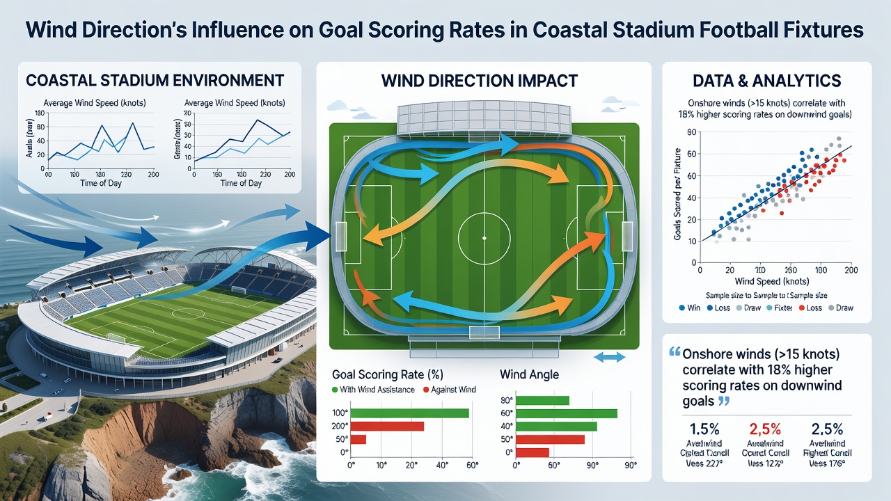 Football match in progress at a coastal stadium with visible wind affecting the ball's path during a corner kick